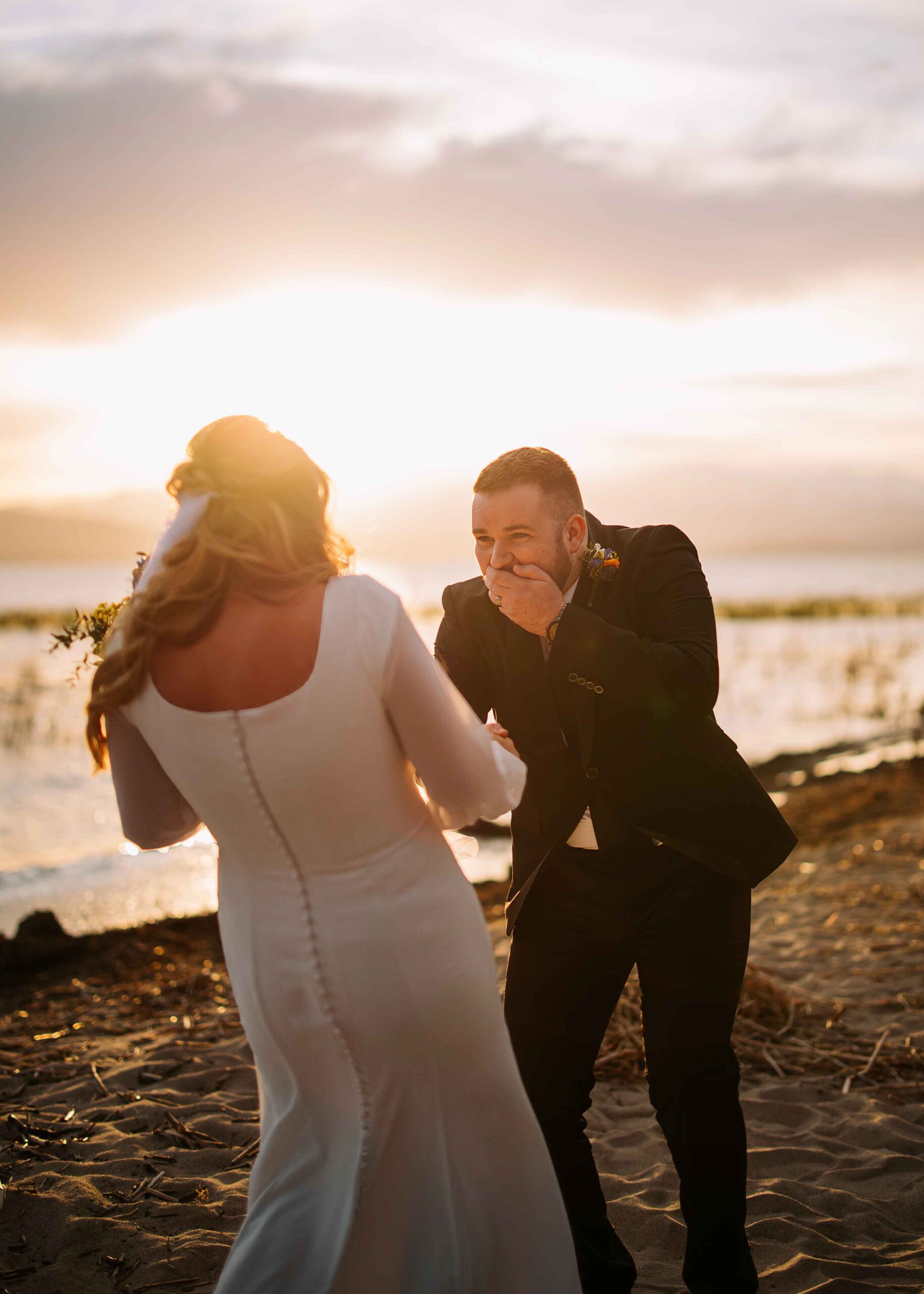 First look formal wedding photography session at utah lake, vinyard beach at sunset