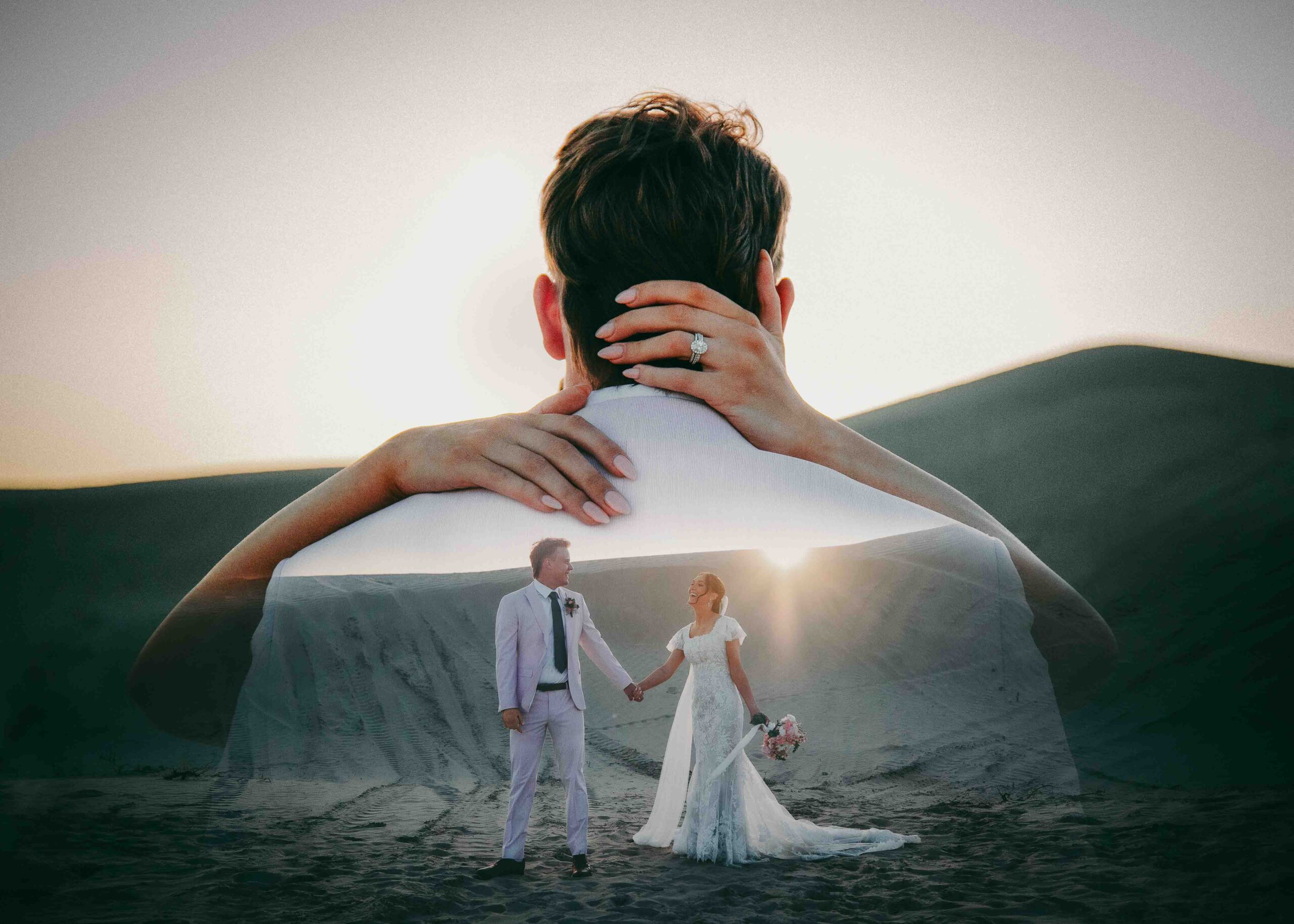 double expose of a bride and groom in the desert at sunset with white sands around them emotional moment
